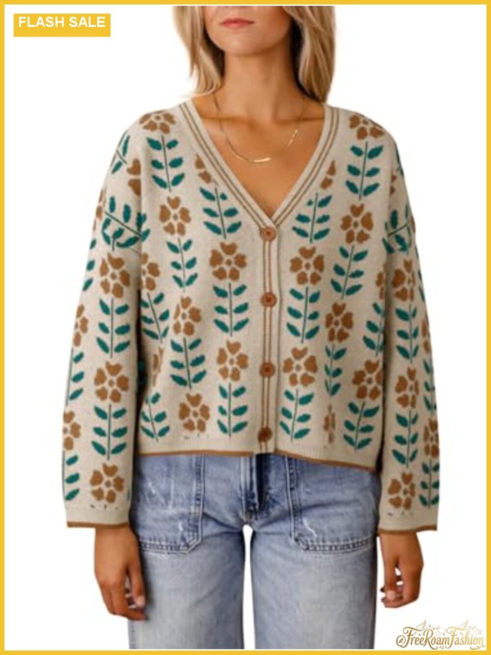 Saodimallsu Womens Floral Print V Neck Button Down Knit Cardigan Sweater
